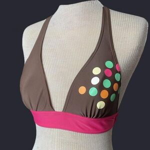 Y2K Brown Polka Dot Bikini Top with Pink Band 🌴✨